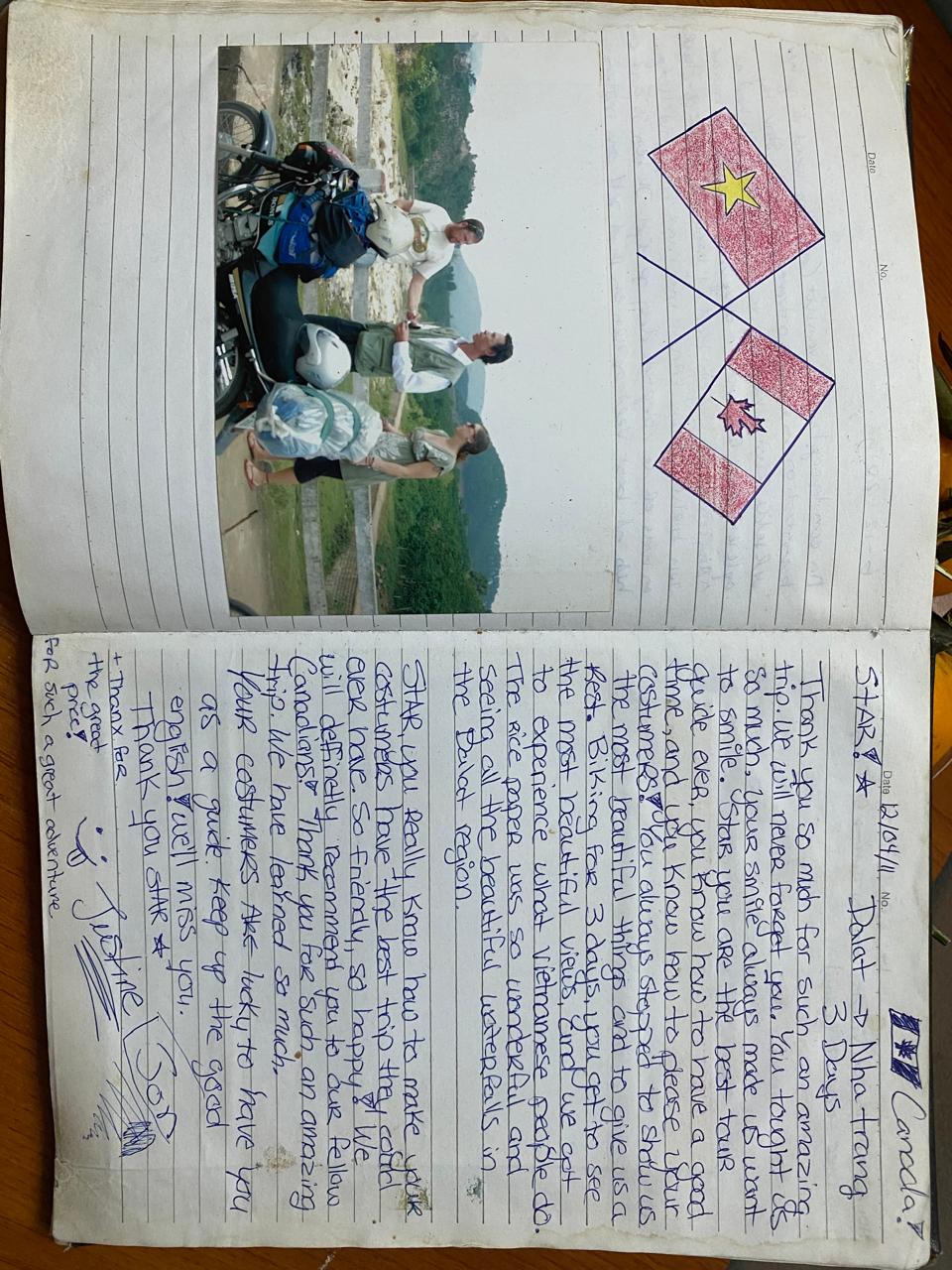 Handwritten guest book entry from a traveller who rode with Easy Rider Vietnam Loops