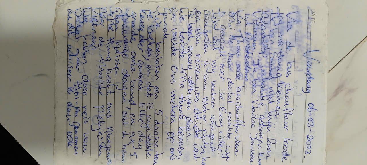 Handwritten guest book entry from a traveller who rode with Easy Rider Vietnam Loops