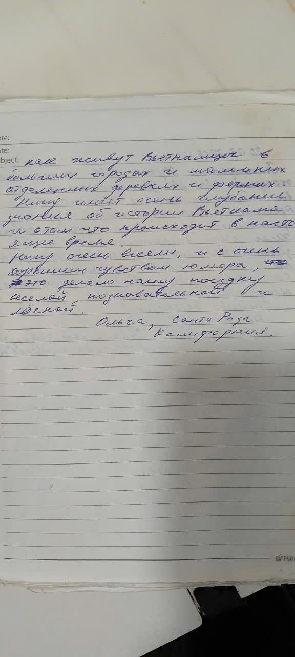 Handwritten guest book entry from a traveller who rode with Easy Rider Vietnam Loops