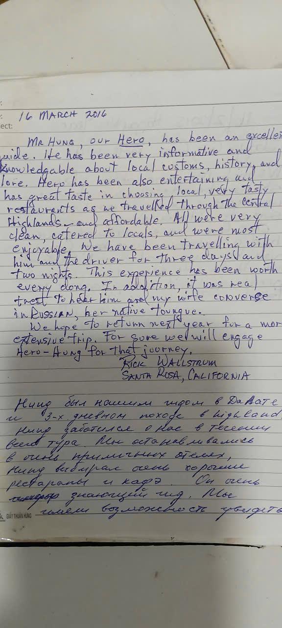 Handwritten guest book entry from a traveller who rode with Easy Rider Vietnam Loops