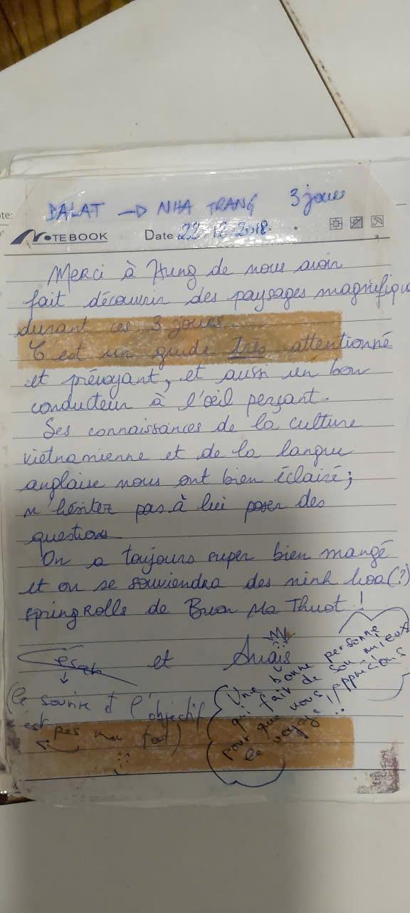 Handwritten guest book entry from a traveller who rode with Easy Rider Vietnam Loops