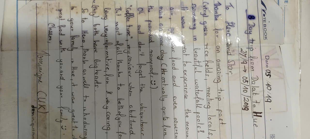 Handwritten guest book entry from a traveller who rode with Easy Rider Vietnam Loops