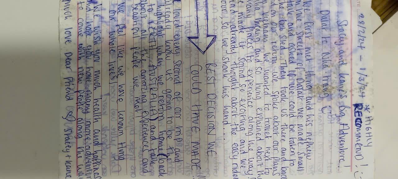 Handwritten guest book entry from a traveller who rode with Easy Rider Vietnam Loops