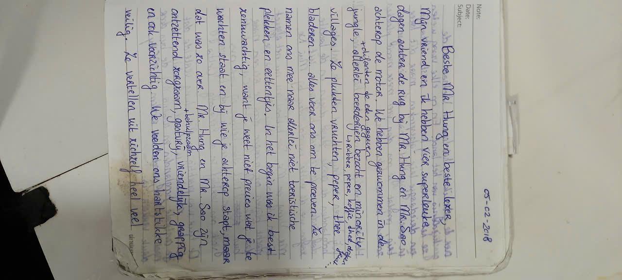 Handwritten guest book entry from a traveller who rode with Easy Rider Vietnam Loops