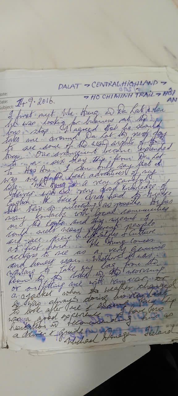 Handwritten guest book entry from a traveller who rode with Easy Rider Vietnam Loops