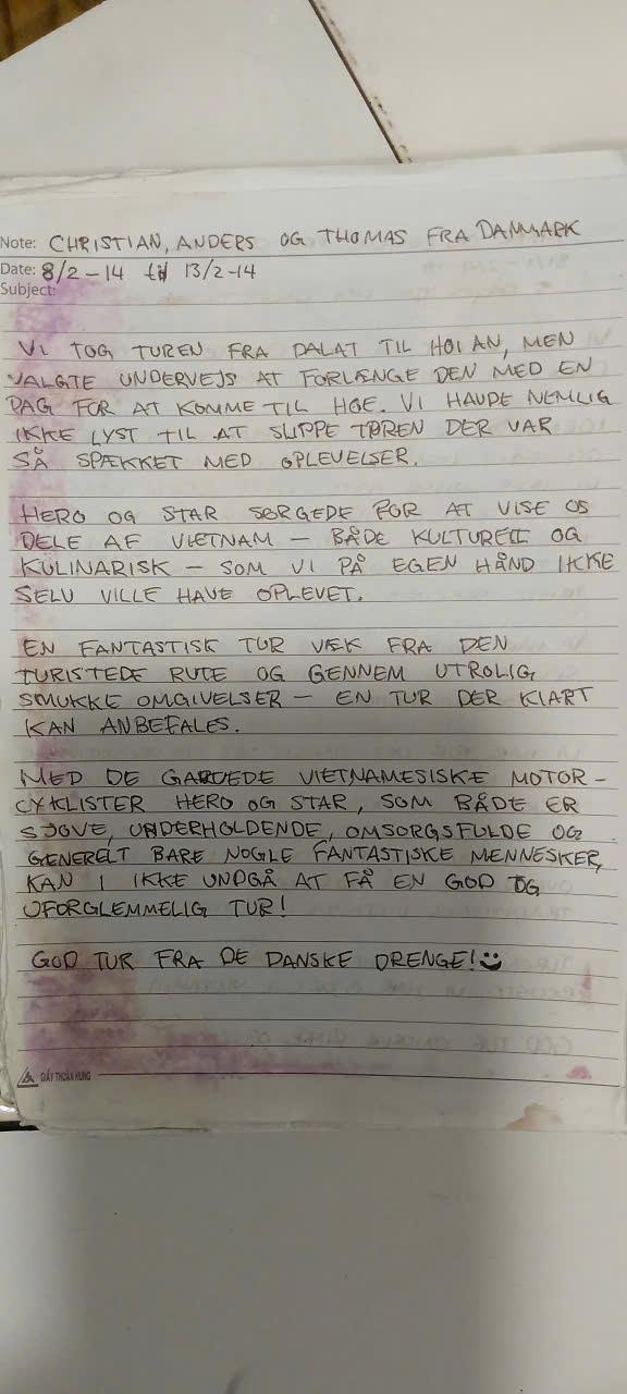 Handwritten guest book entry from a traveller who rode with Easy Rider Vietnam Loops
