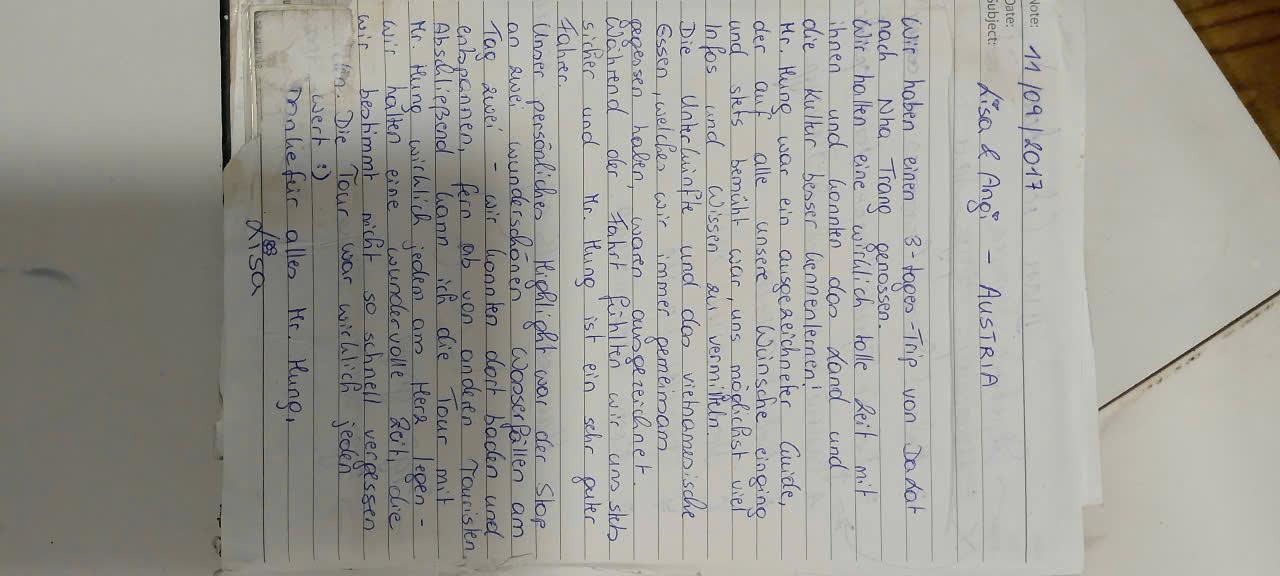 Handwritten guest book entry from a traveller who rode with Easy Rider Vietnam Loops