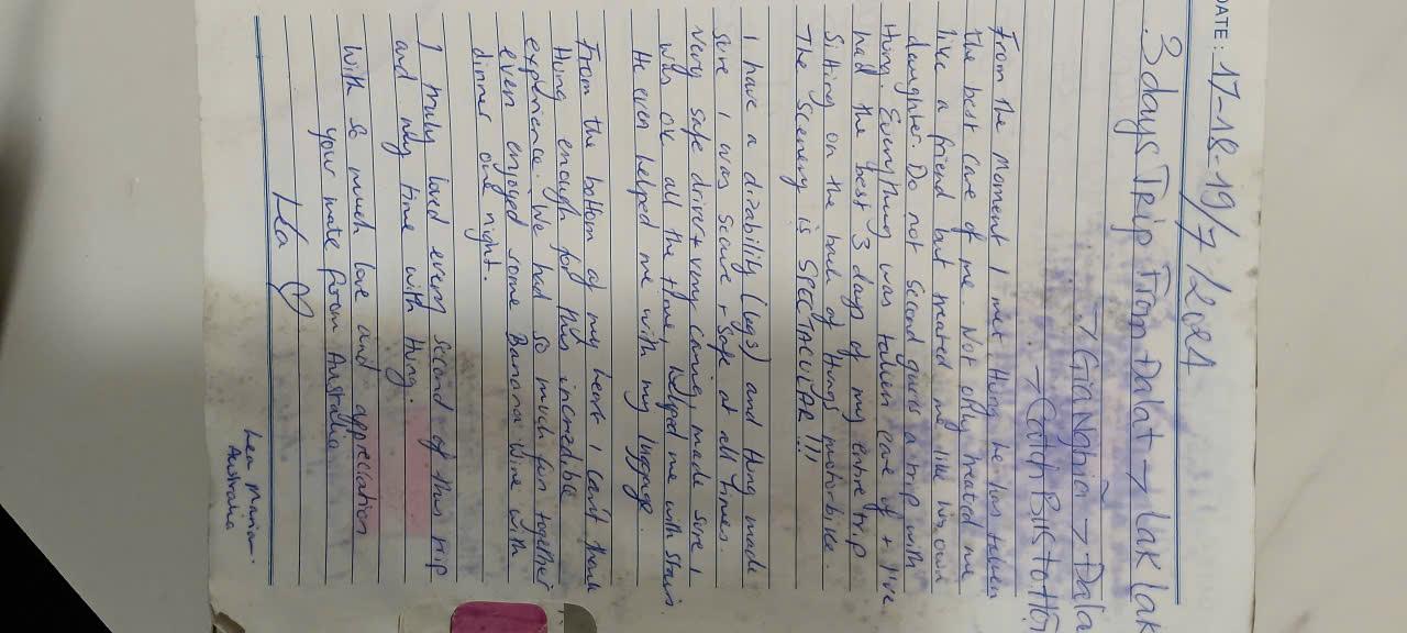 Handwritten guest book entry from a traveller who rode with Easy Rider Vietnam Loops