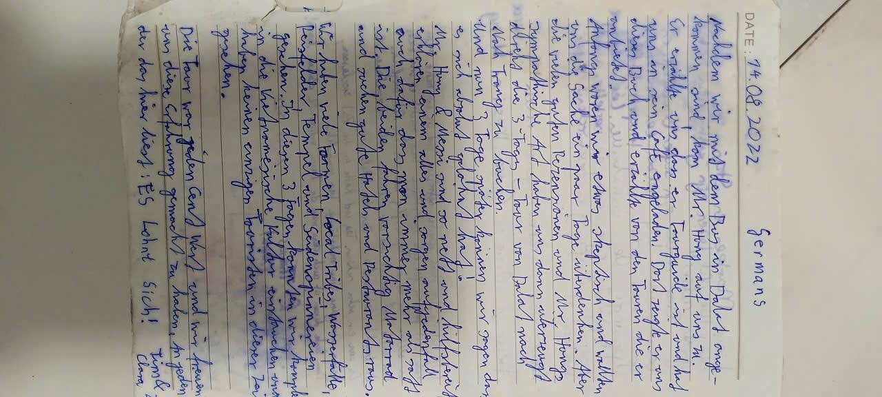 Handwritten guest book entry from a traveller who rode with Easy Rider Vietnam Loops