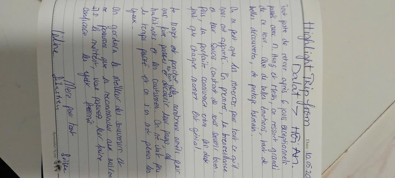 Handwritten guest book entry from a traveller who rode with Easy Rider Vietnam Loops