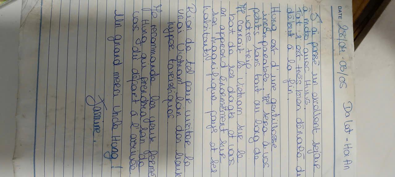 Handwritten guest book entry from a traveller who rode with Easy Rider Vietnam Loops